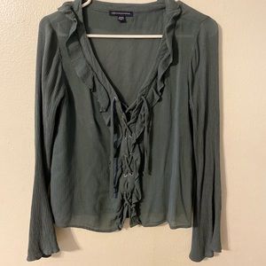 Dark green V-neck tie up blouse
